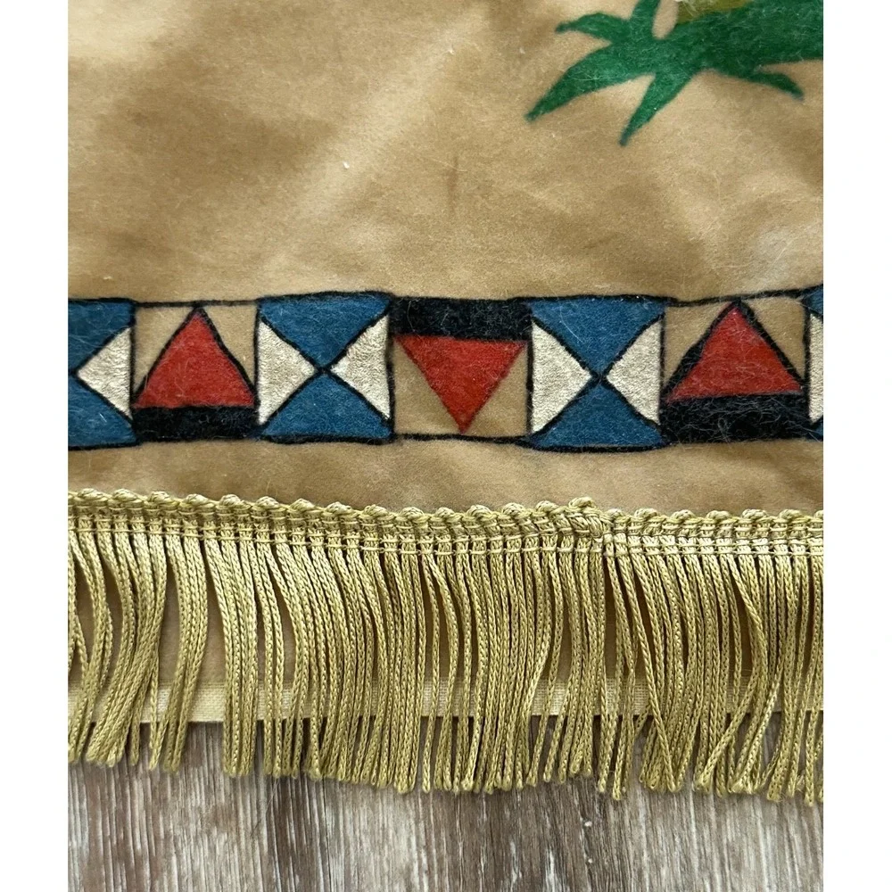 Vintage Native American on Horse Painted Velvet Cloth Wall Hanging Fringe